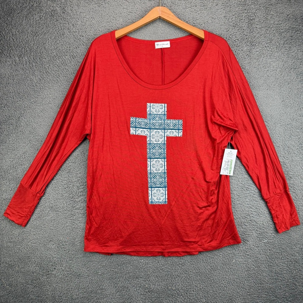 Not of This World Blue Tile Cross Long Sleeve Top Red XL Women Fashion NEW